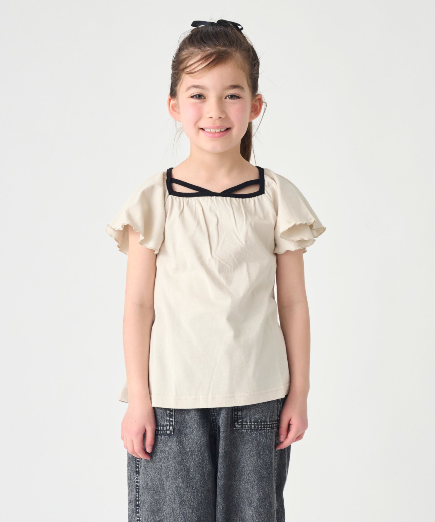Футболка с короткими рукавами и оборками Ever Closet, Sand Beige