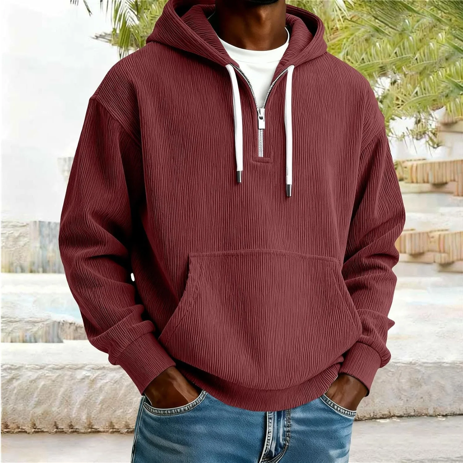 Толстовка Quarter Zip Corduroy с капюшоном для мужчин, легкая, с карманами — фото 2
