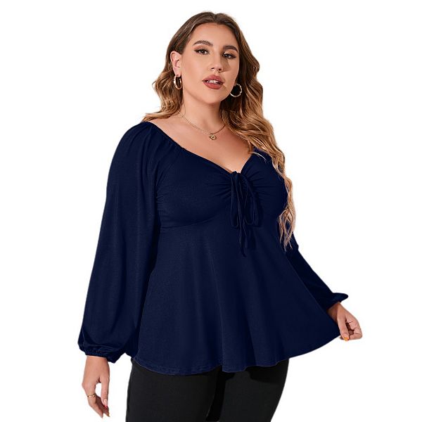 

Женская блузка с длинным рукавом, вырезом sweetheart, рюшами и присборенным peplum Yesfashion, Navy Blue