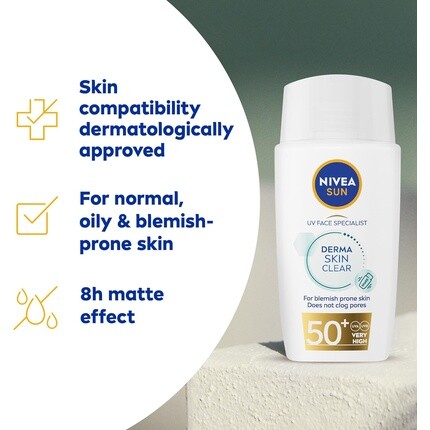 NIVEA SUN Derma Skin Clear SPF50+ Солнцезащитный крем для лица 40 мл с комплексом против пятен и ниацинамидом защищает от лучей UVA/UVB и преждевременного старения кожи — фото 2