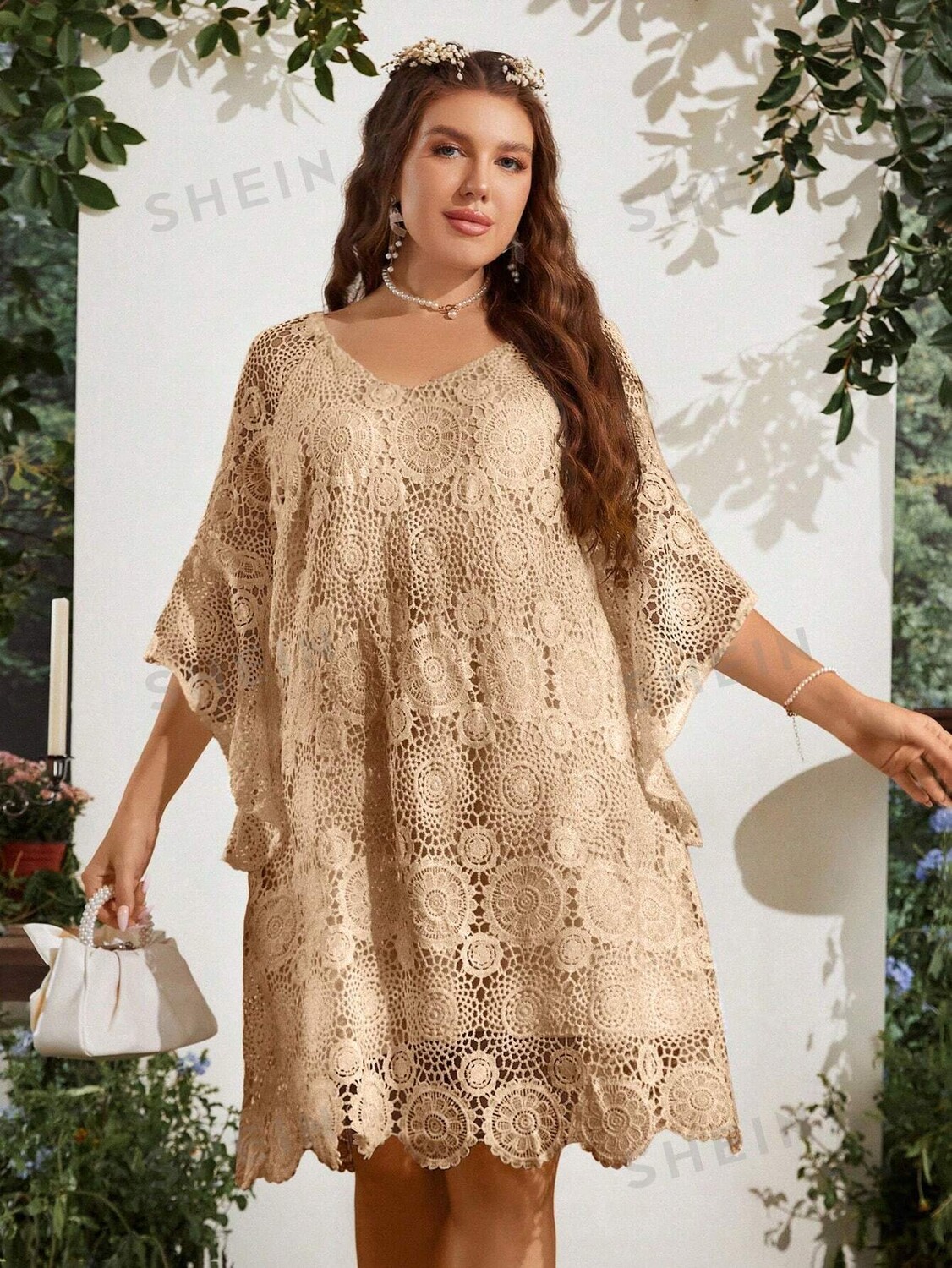 

Clasi Plus Платье с цветочной вышивкой и рукавами «летучая мышь» Shein, хаки