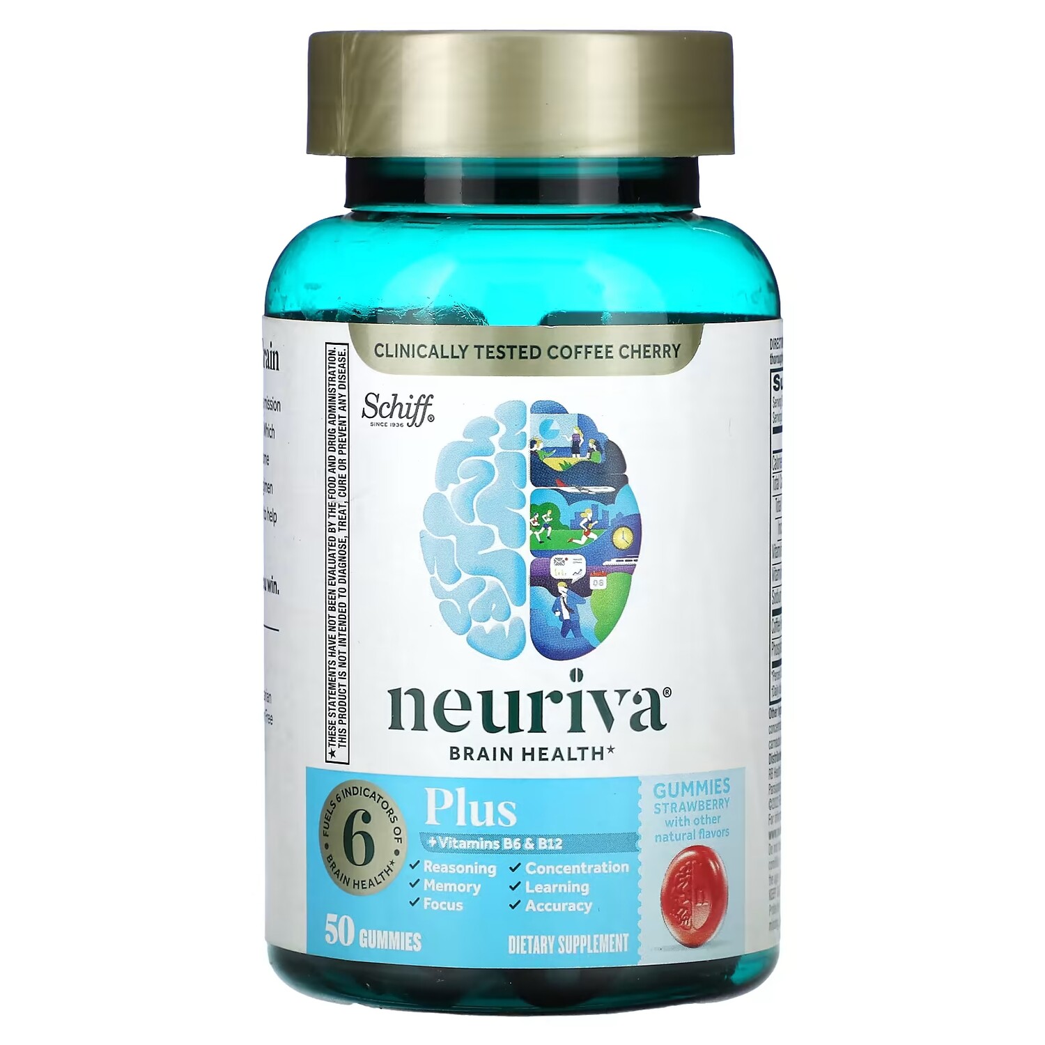 

Добавка Schiff Neuriva Brain Health Plus с витаминами B6 и B12, клубника, 50 жевательных конфет