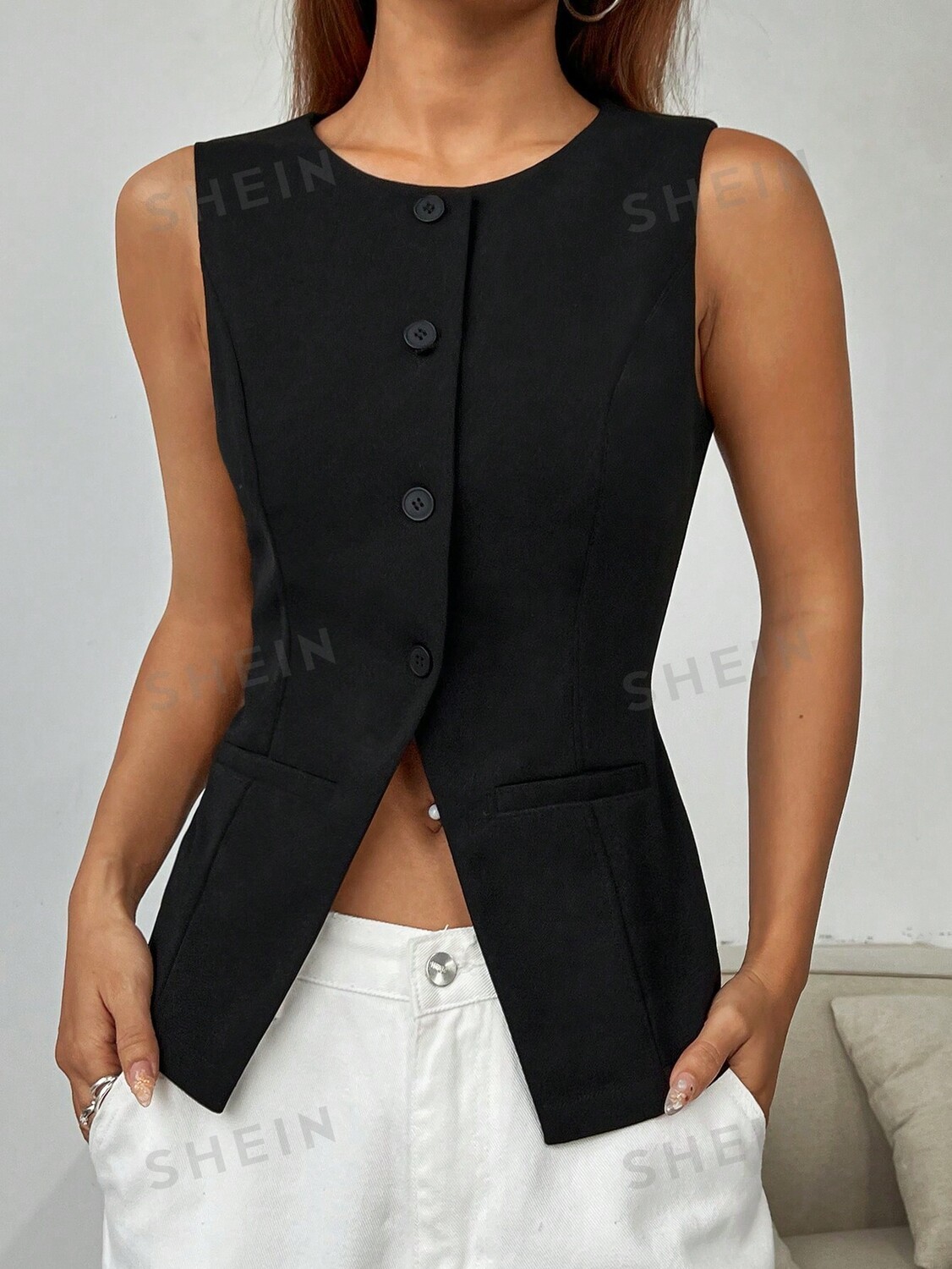 

EZwear Женский однотонный пиджак без рукавов для повседневной носки Shein, черный