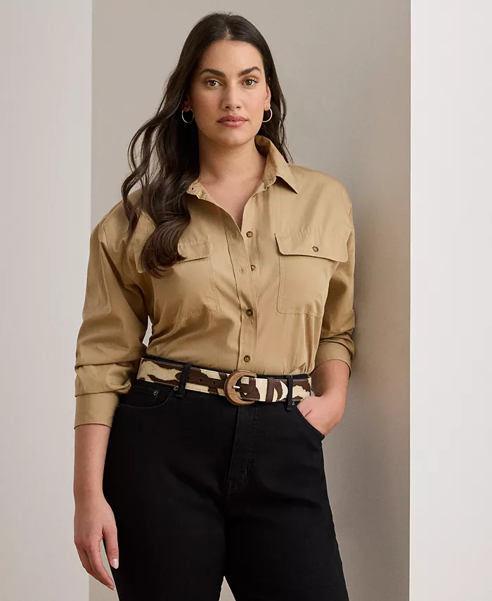 

Рубашка свободного кроя из легкого хлопка больших размеров Lauren Ralph Lauren, коричневый/бежевый