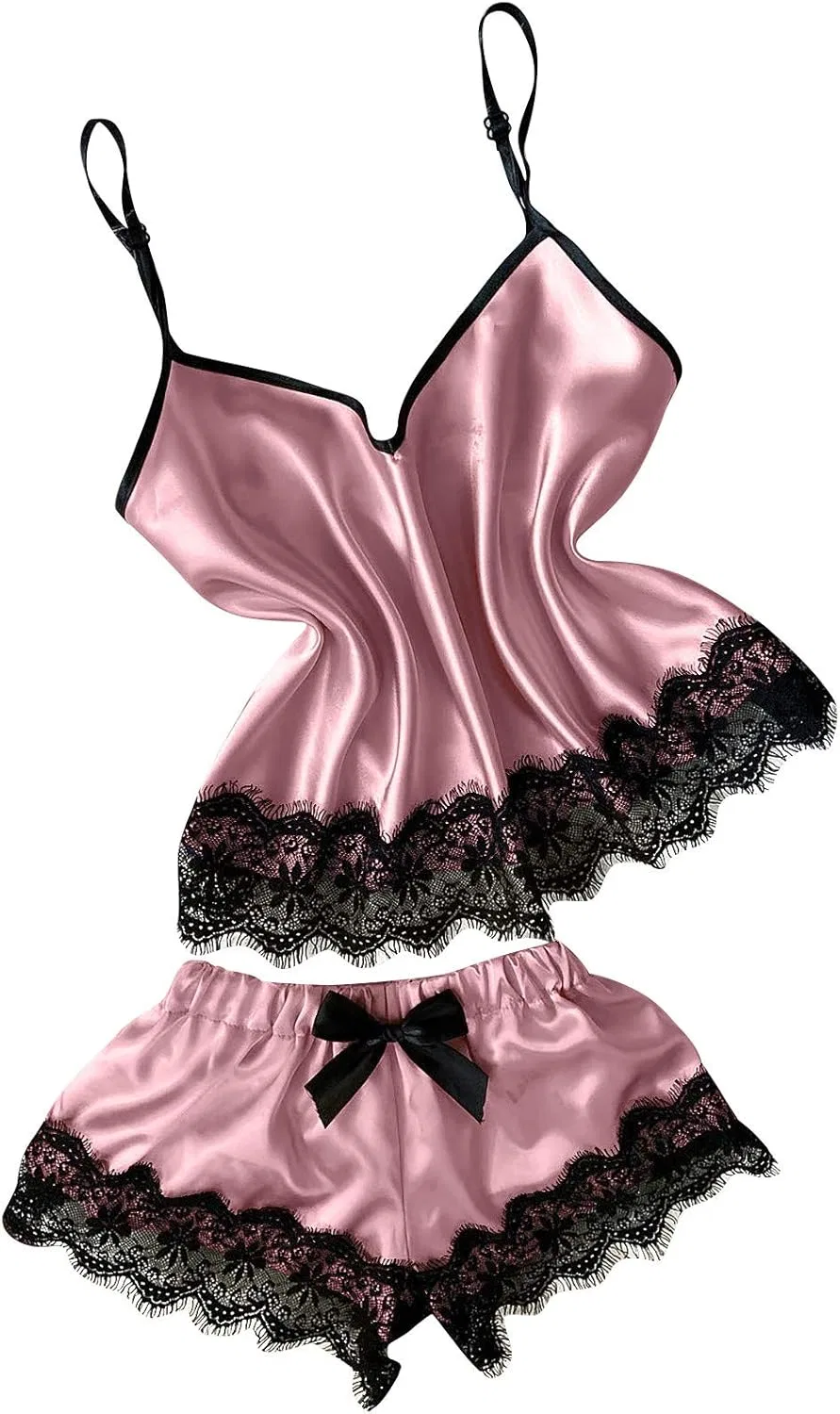 Комплект пижамы женский из кружева и атласа, A01 Pink