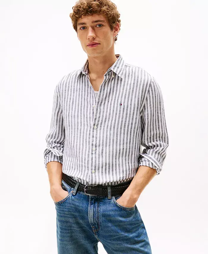 

Мужская пигментно-окрашенная полосатая льняная рубашка на пуговицах Tommy Hilfiger, синий