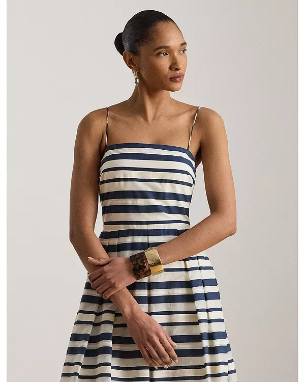 Коктейльное платье без рукавов из атласа в полоску Ralph Lauren, Navy/Multi — фото 2