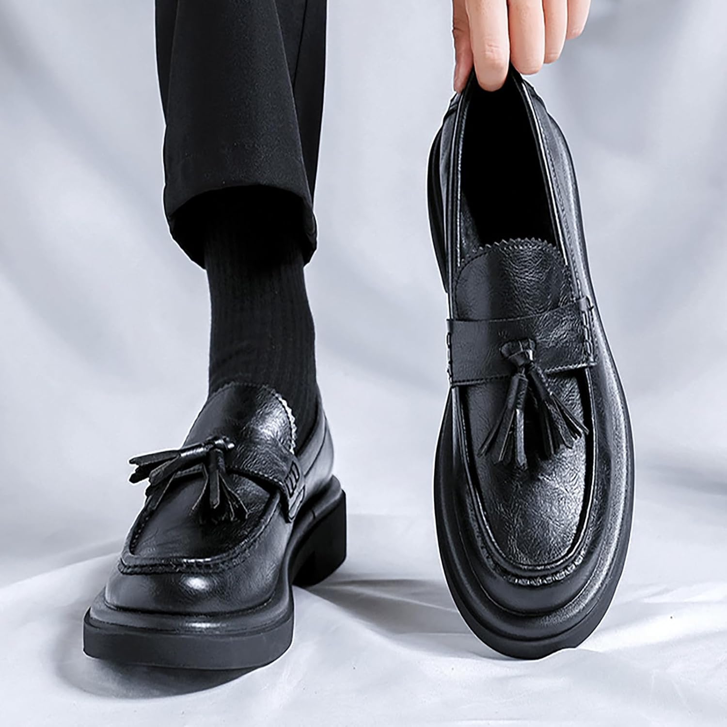 Мужские кожаные лоферы с кисточками - туфли на платформе Penny Slip-On с круглым носком, с нескользящей подошвой для работы в офисе и бизнеса Zghnp, черный — фото 3
