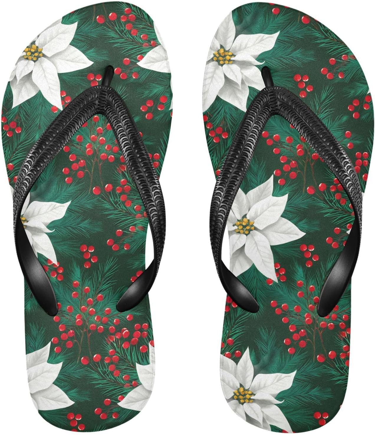 

Вьетнамки с рисунком пуансеттии и ягод падуба, пляжные шлепанцы, резиновые нескользящие летние тапочки для мужчин и женщин Sinestour, зеленый