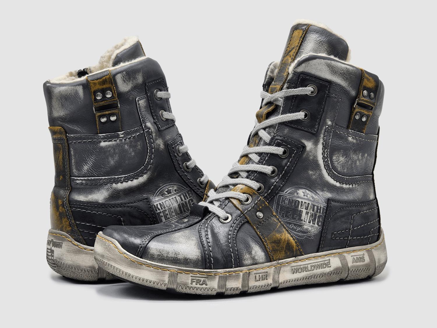 

Мужские высокие утепленные кожаные ботинки на молнии серо-желтые KCR Group