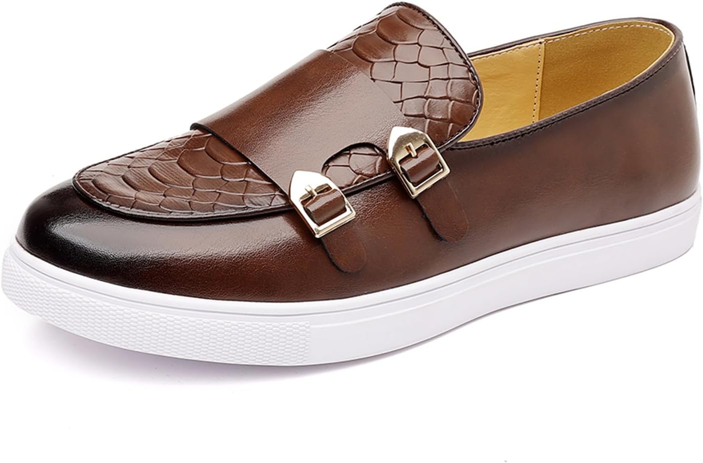 

Мужские кожаные лоферы с двойной пряжкой в стиле Monk, с узором под змеиную кожу, удобные на плоской подошве Tixewsjh, коричневый