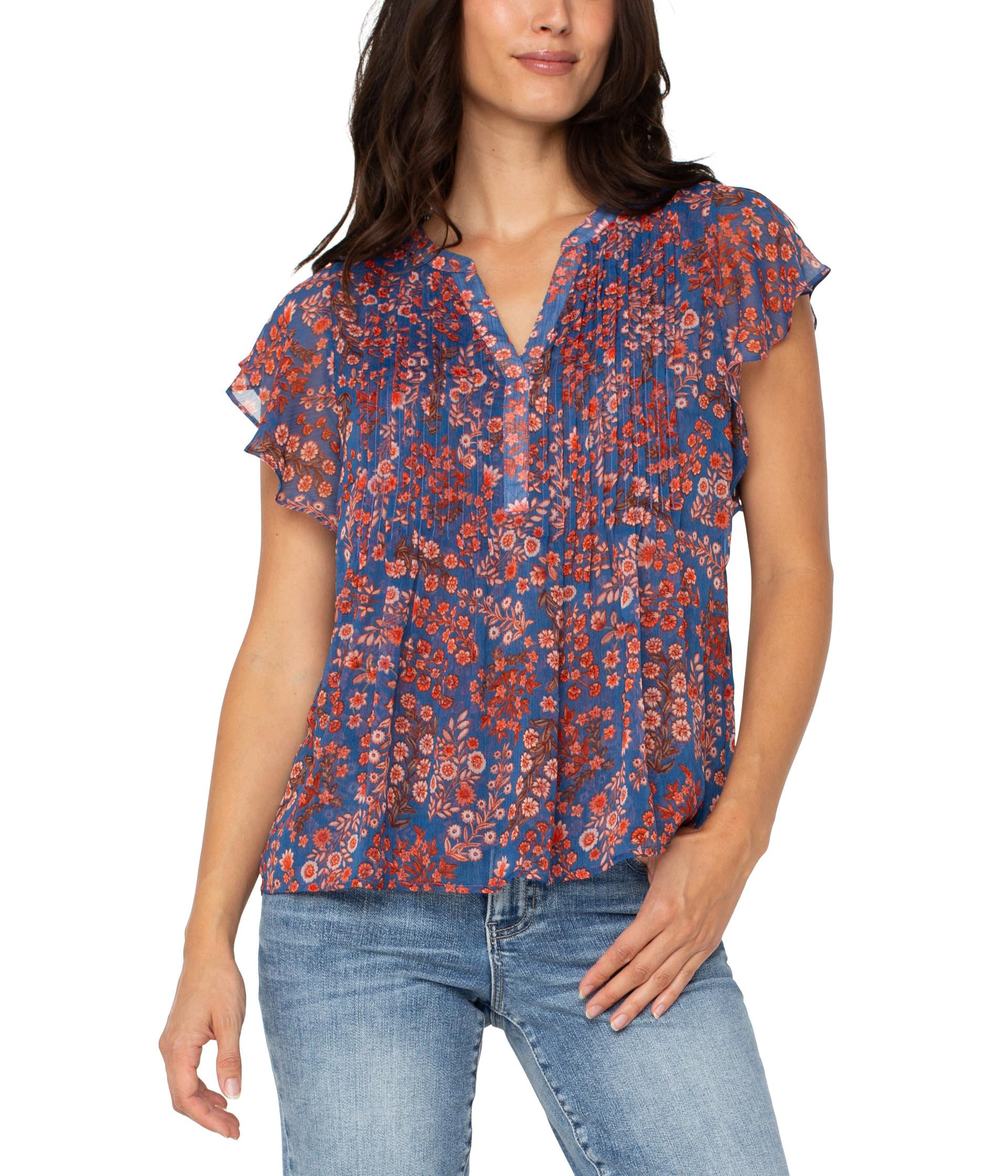 

Блуза Liverpool Los Angeles Petite Double Layer Flutter, цвет Blue/Pink Floral
