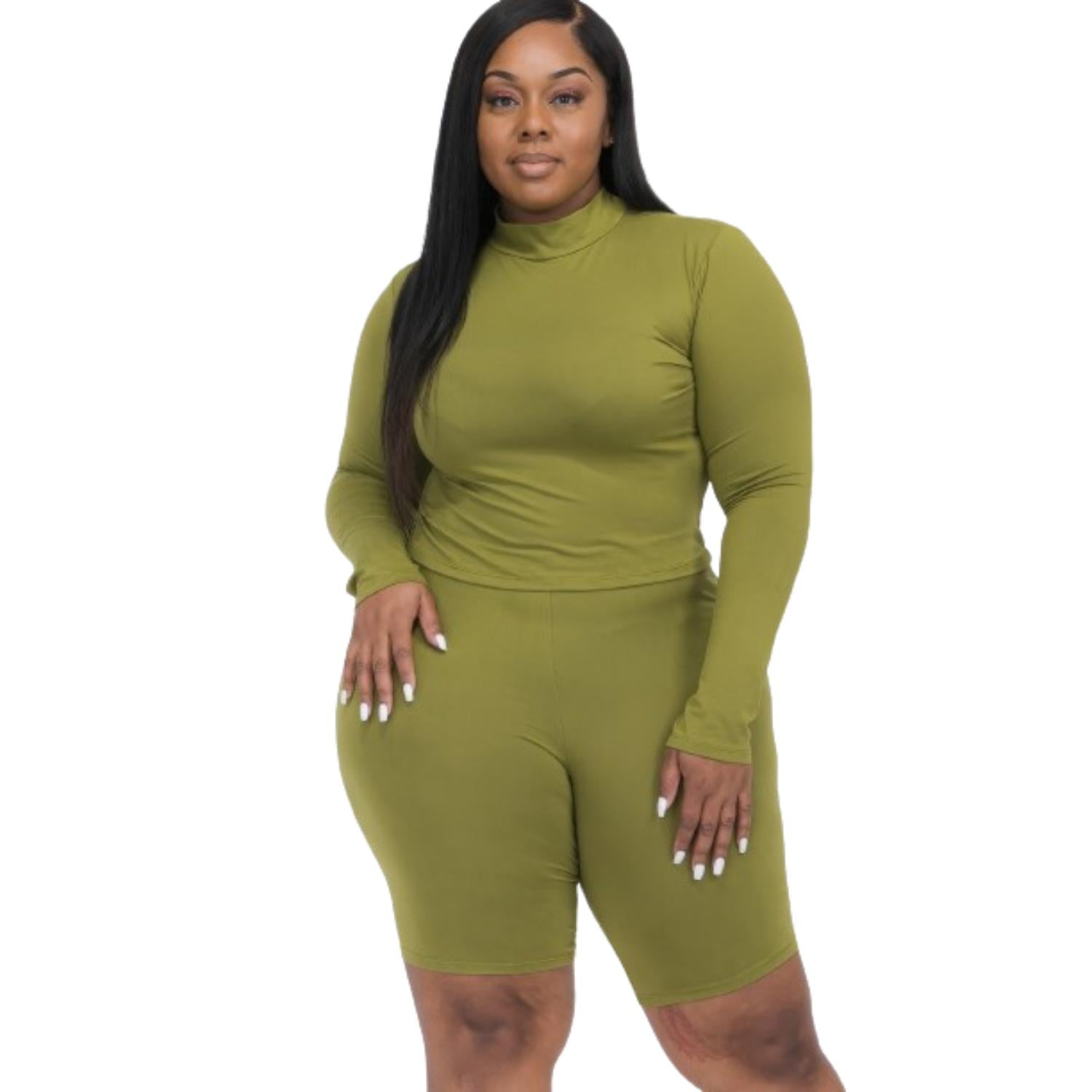 

Плюс комплект из топа с воротником-стойкой и байкерских шорт FASHNZFAB, цвет olive branch