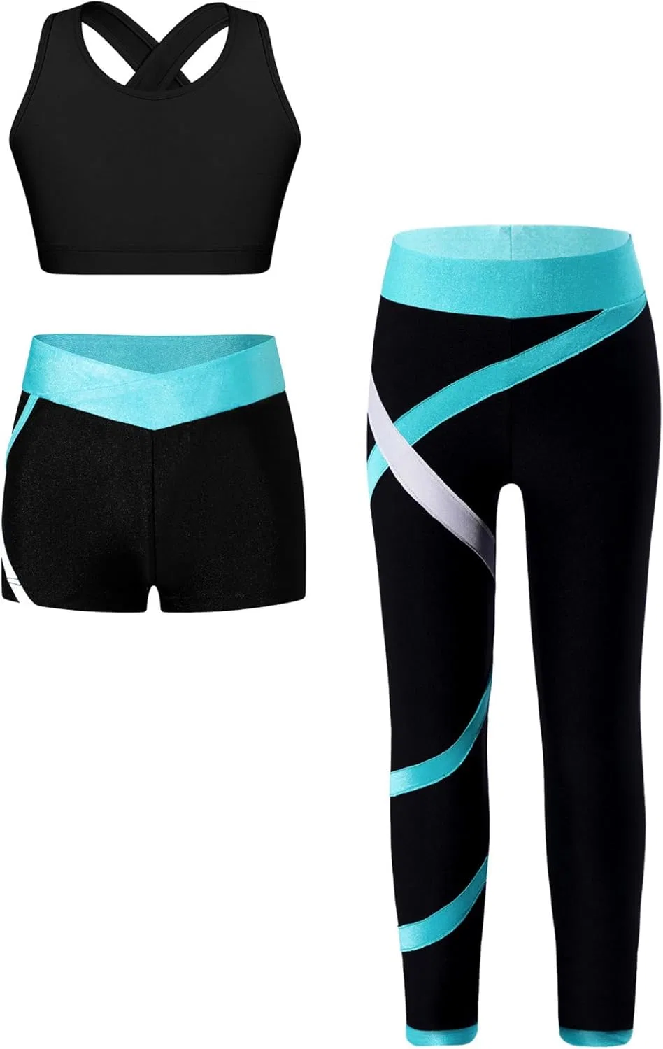 Детский спортивный костюм Loyan, 3 предмета: топ, леггинсы и шорты, Blue Green