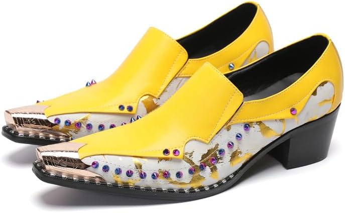 

Мужские классические туфли Dacnakby, кожаные лоферы без шнуровки с металлическим носком, заостренным носом с радужным принтом под змею, белый/желтый