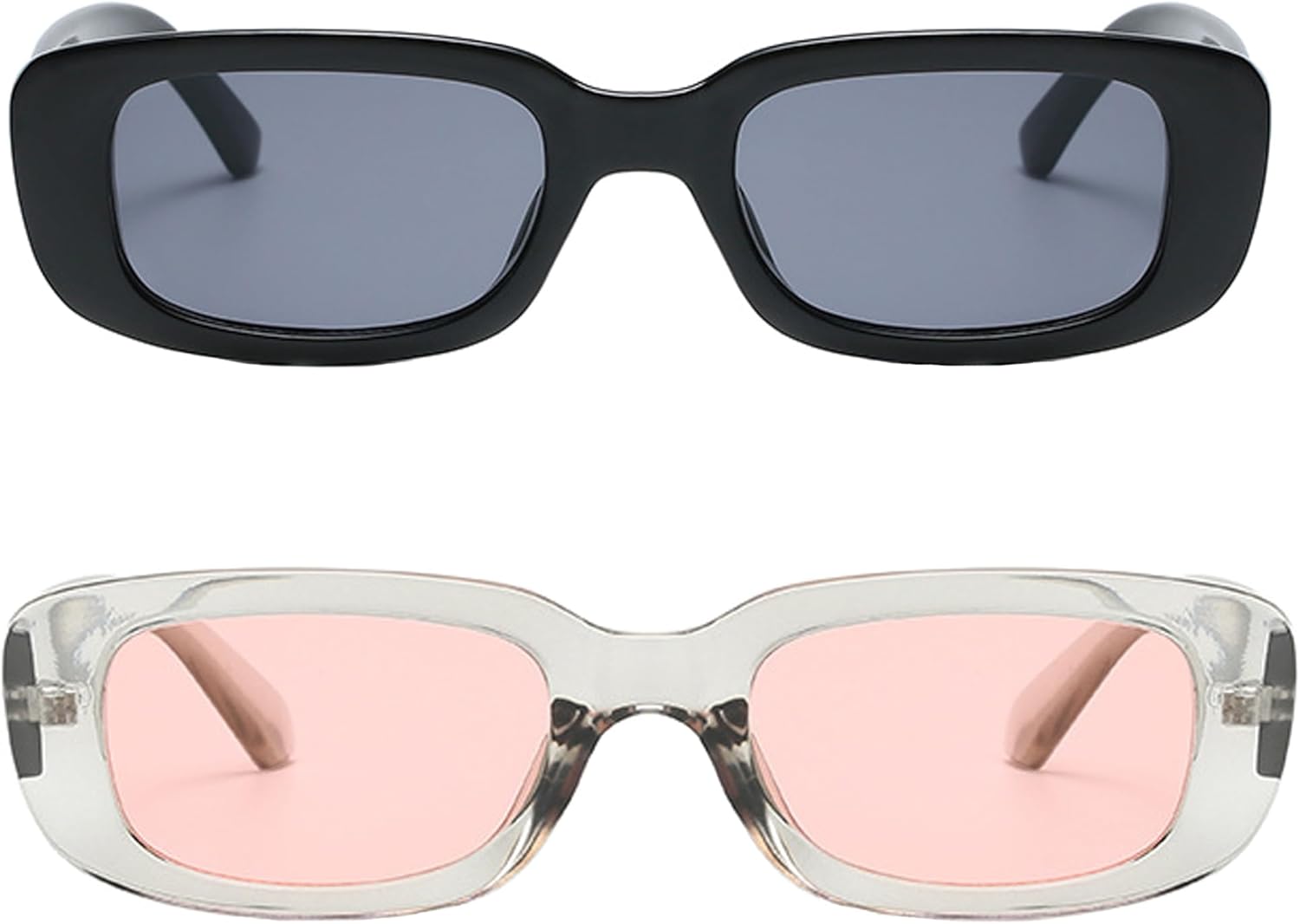 

Солнцезащитные очки в стиле ретро прямоугольной формы для женщин и мужчин, маленькая квадратная оправа, комплект из 2 штук Teumire, Black/Black + Transparent Grey/Pink