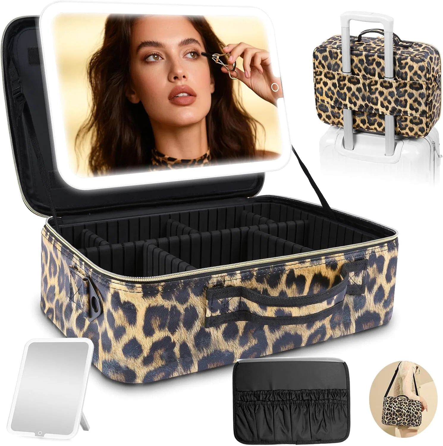 Большая дорожная косметичка с зеркалом и подсветкой Suupvaor, Leopard Removable Mirror