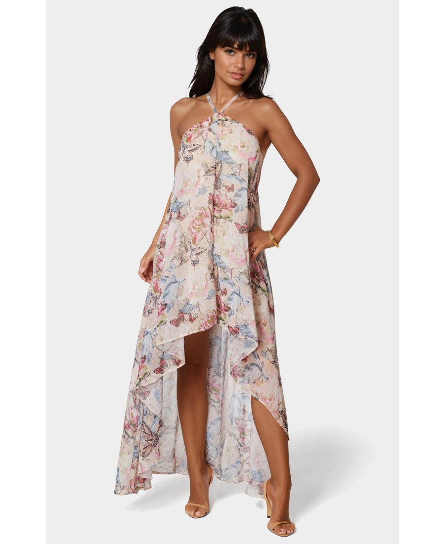 

Женское платье с асимметричным подолом и бретелькой через шею Bebe, Blush butterfly