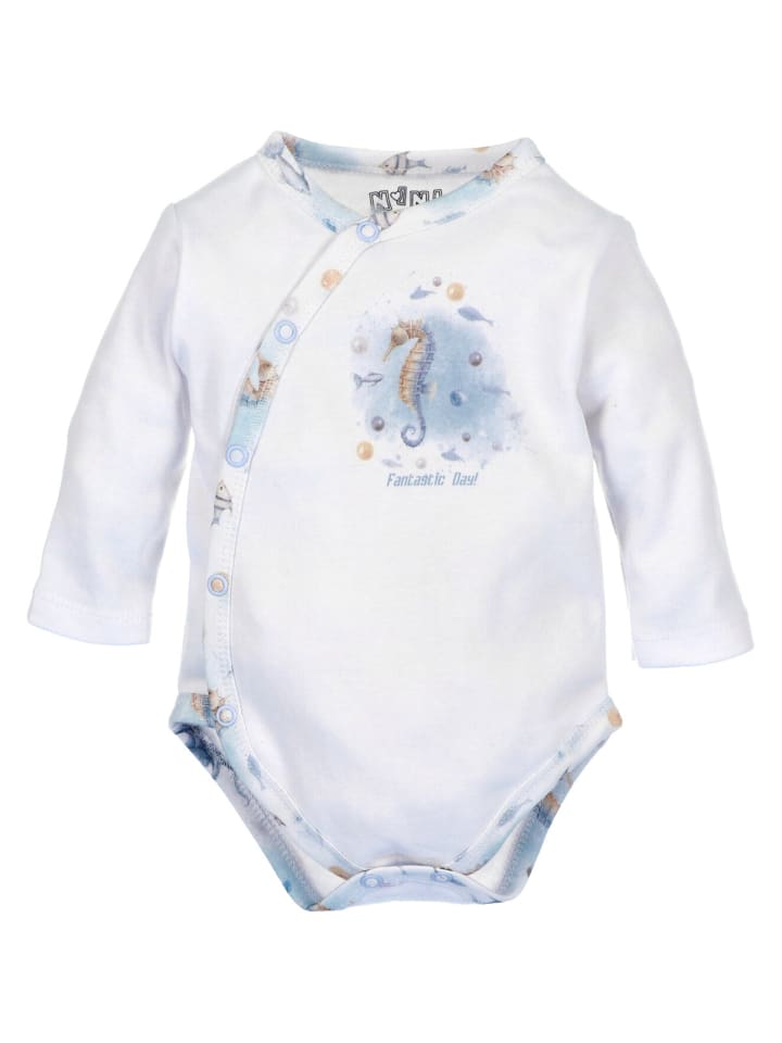 

Nini Боди с длинными рукавами, украшенное белыми изображениями морских обитателей