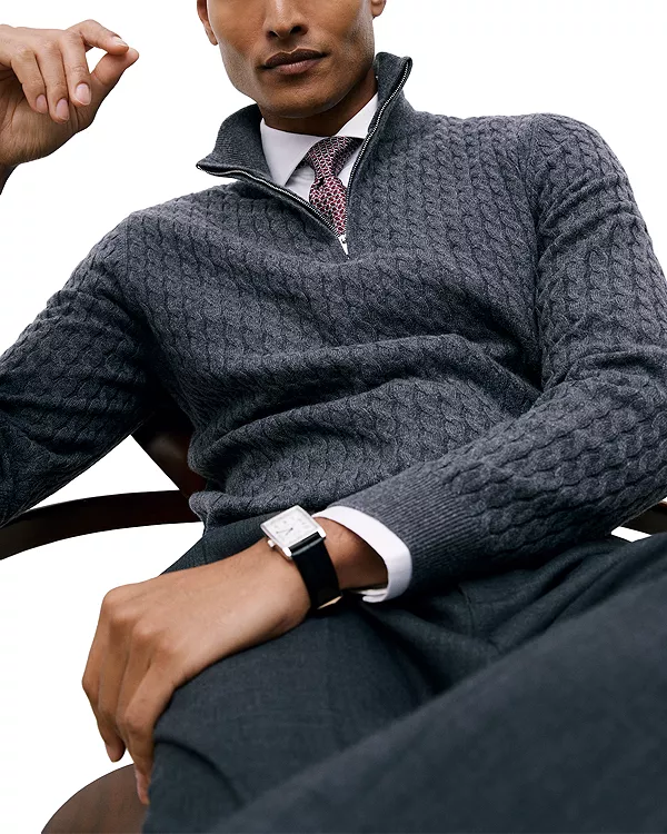 

Кашемировый свитер с косами и застежкой-молнией до середины груди Reiss, синий