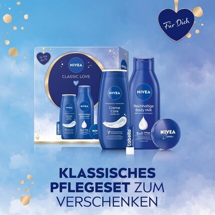 Подарочный набор NIVEA Classic Love, набор средств по уходу за кожей с увлажняющими средствами, подарочная коробка с питательным средством для душа, молочком для тела Labello и кремом NIVEA — фото 2