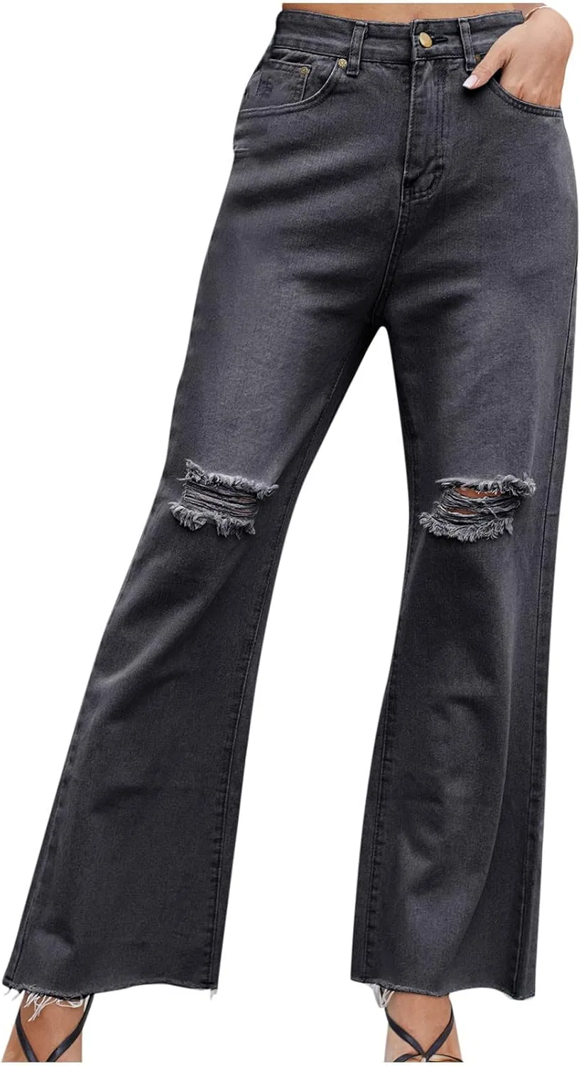 Джинсы с потертостями, свободные, серый