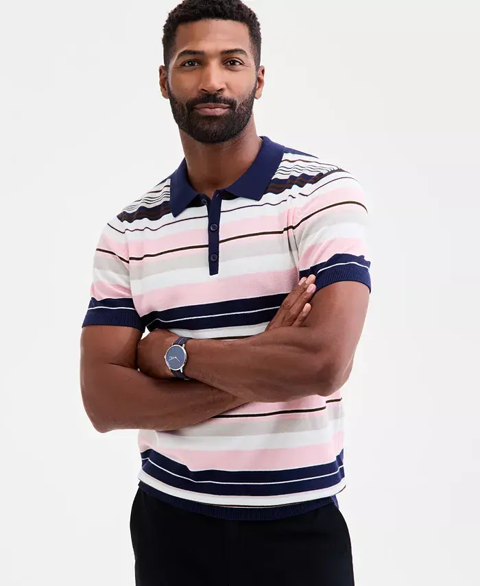 

Мужской полосатый свитер-поло с коротким рукавом Club Room