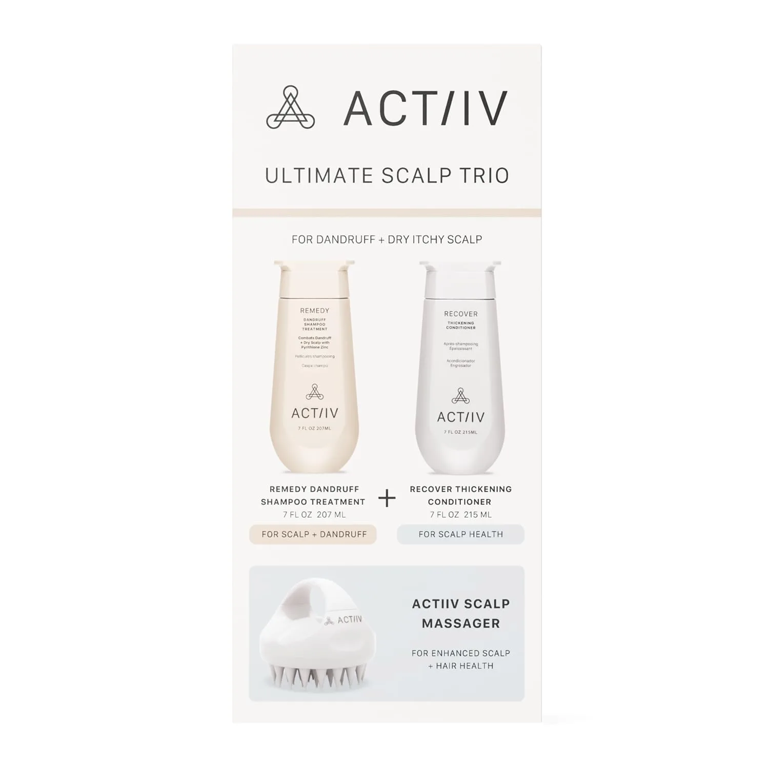 ACTIIV Ultimate Scalp Trio: успокаивает сухую зудящую кожу головы, уменьшает шелушение, укрепляет и увлажняет волосы, включает шампунь от перхоти, кондиционер и массажер для кожи головы, веган, для всех типов волос