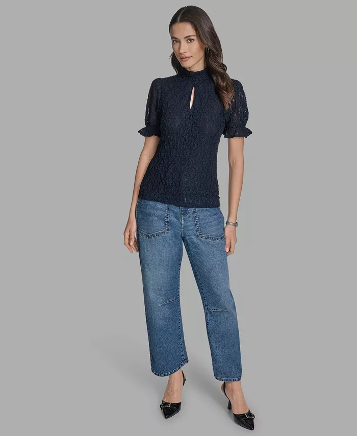 

Женский топ с короткими рукавами и кружевными оборками BCBG, синий