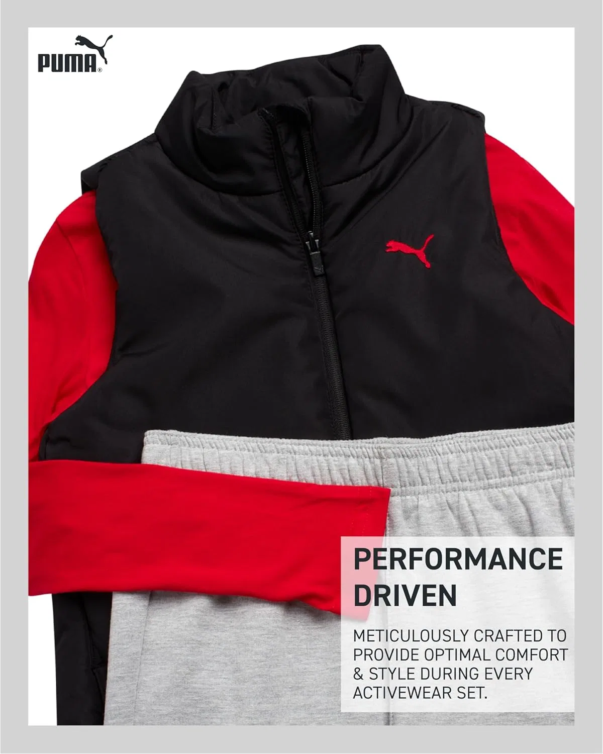Детский спортивный костюм PUMA, 3 предмета: жилет, футболка с длинным рукавом, флисовые джоггеры, Red/Black/Grey — фото 3