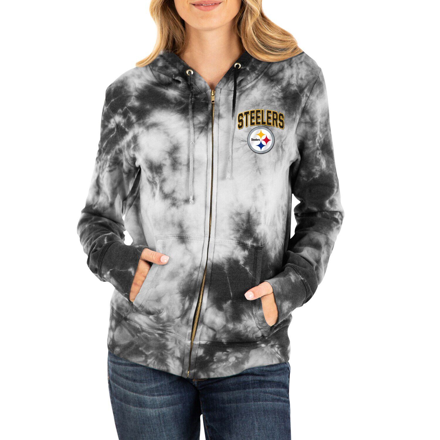 

Женская черная флисовая толстовка с молнией во всю длину New Era Pittsburgh Steelers Tie Dye New Era, Черный, Женская черная флисовая толстовка с молнией во всю длину New Era Pittsburgh Steelers Tie Dye New Era