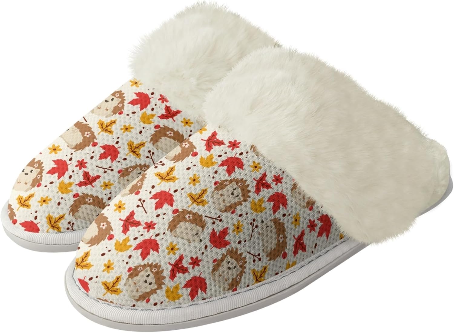 

Домашние тапочки Micoklinlin для мужчин и женщин, с мягкой плюшевой подкладкой, теплые и удобные, с искусственным меховым воротником, противоскользящие, Funny Hedgehog and Maple Leaf