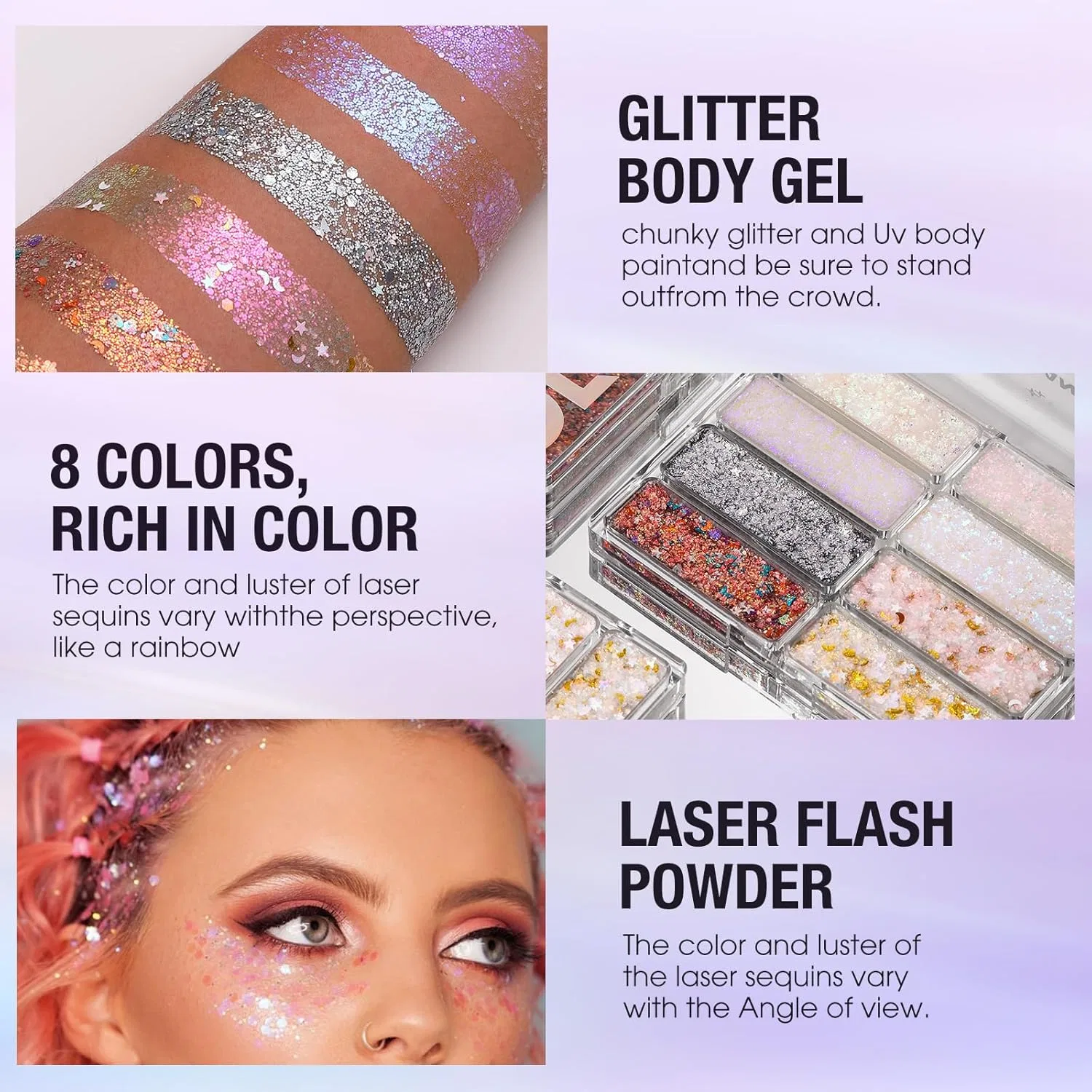 Палетка для лица и тела Glitter 8 цветов Beauty Glazed разноцветная — фото 3