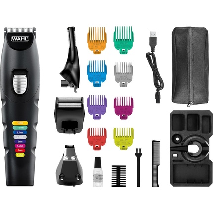 

Усовершенствованный мультигрумер Wahl Color Trim с инновационными направляющими с цветовой маркировкой, время работы 240 минут, USB-зарядное устройство — черный