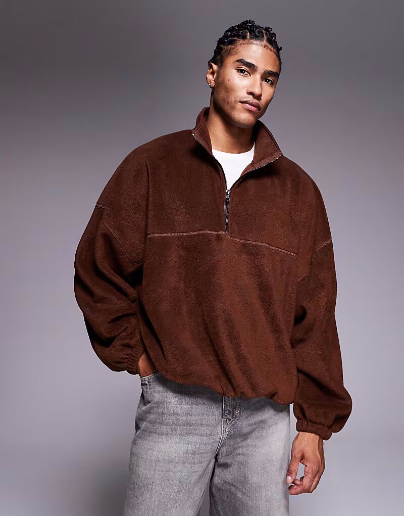 

Флисовая толстовка свободного кроя с воротом-воронкой и четвертью молнии коричневого цвета Asos Design
