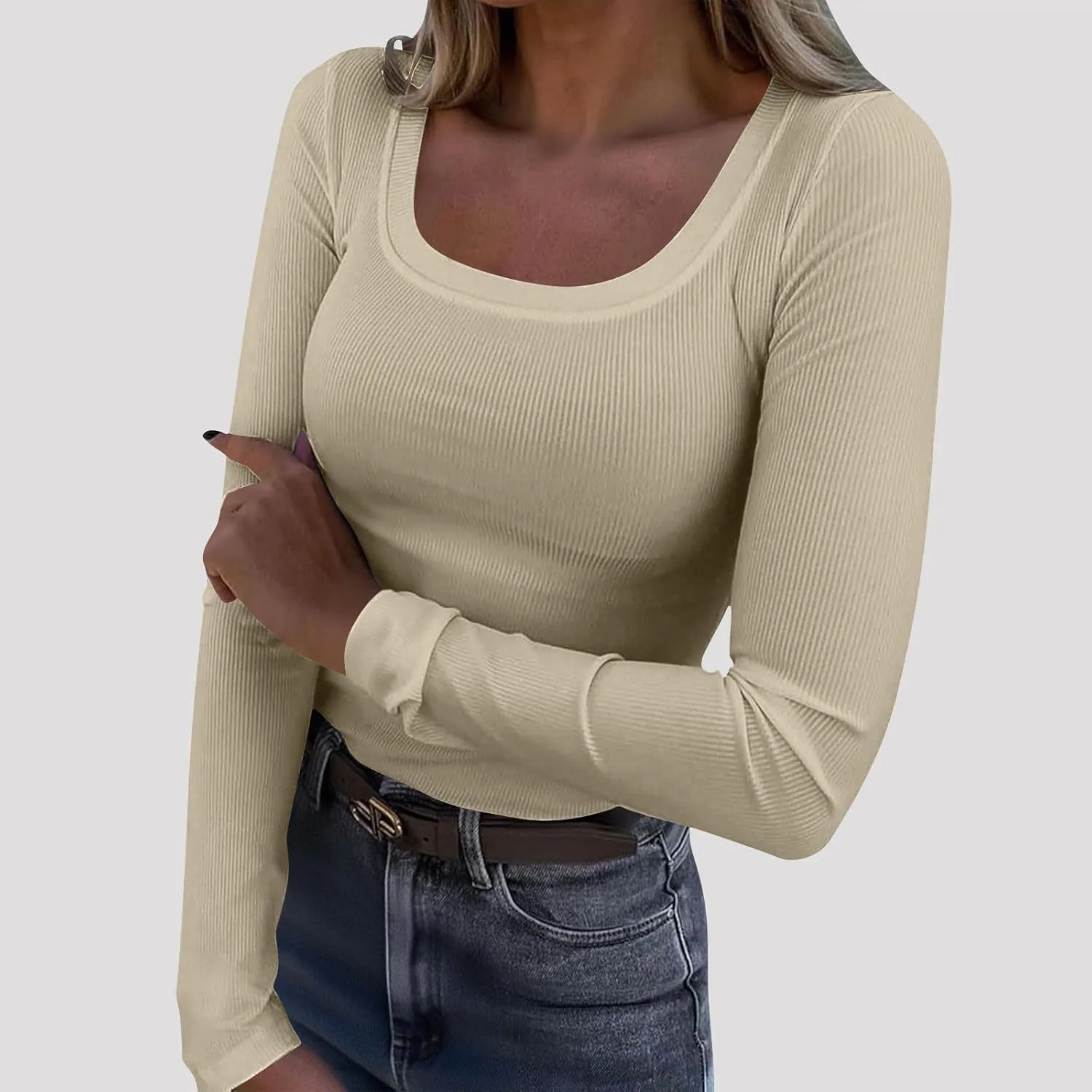 Женская футболка с длинным рукавом и круглым вырезом, Casual Slim Fit, рибана — фото 2