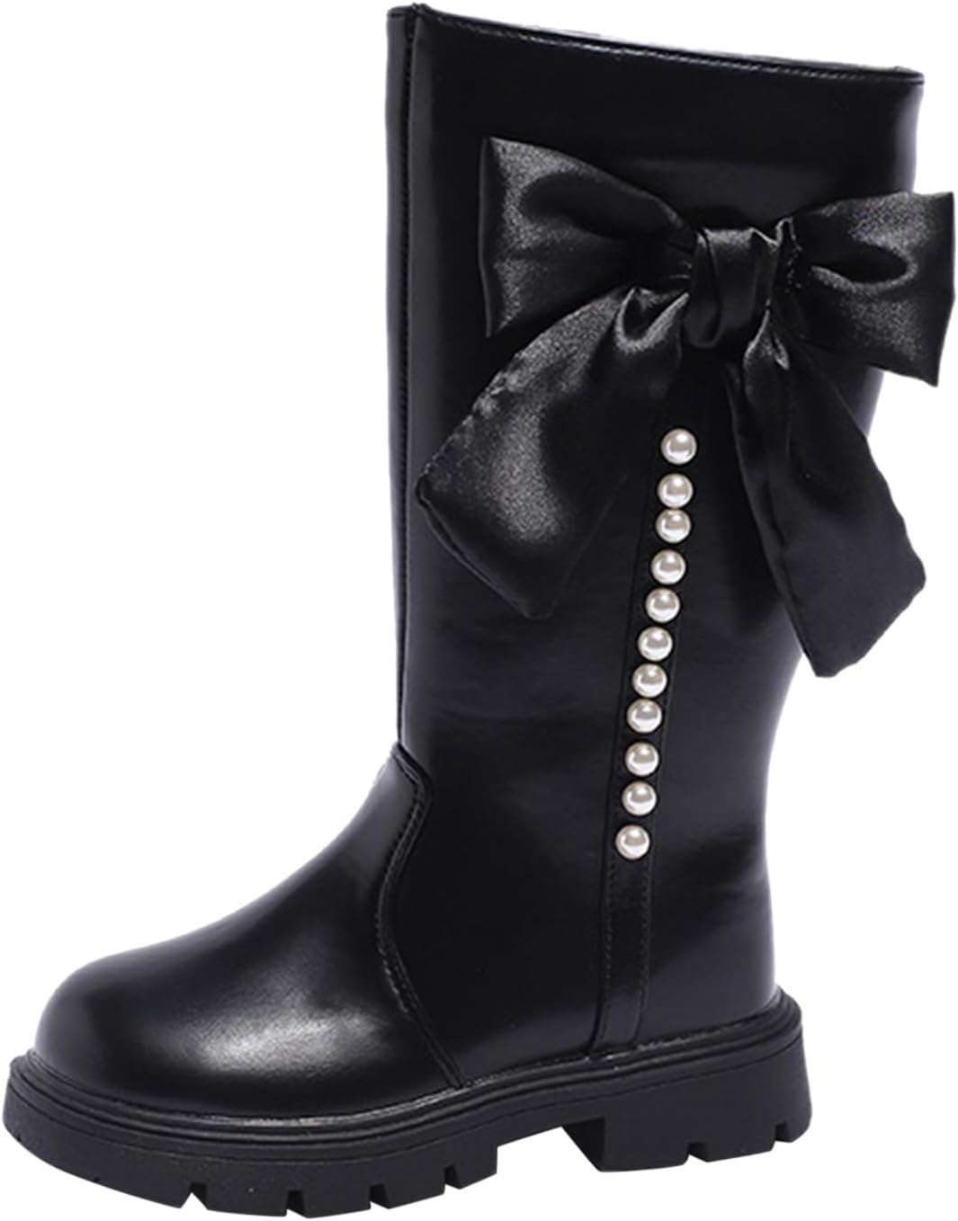 

Зимние сапоги до колена для девочек с бантом, утепленные искусственным мехом, с низким каблуком и рифленой подошвой, на молнии сбоку JEUROT, Black-A