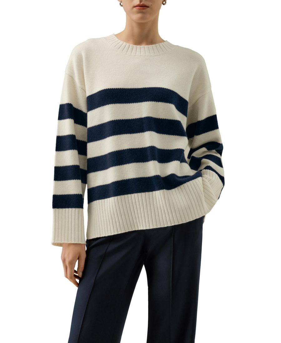 

Женский полосатый свитер оверсайз из шерсти и кашемира LILYSILK, Navy striped