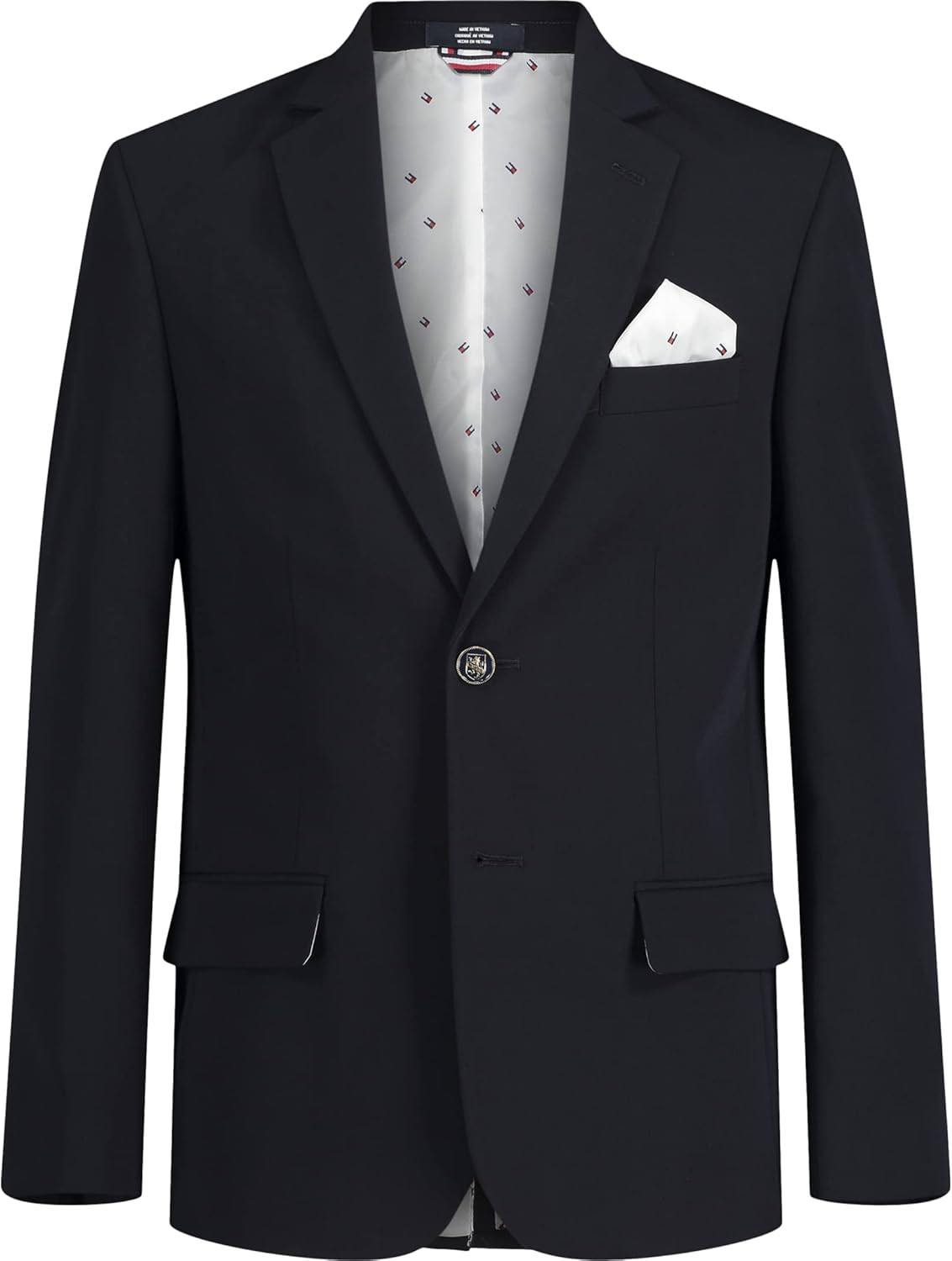 

Блейзер Tommy Hilfiger «Александр» для мальчиков, би-стрейч, однобортный, с нагрудным платком, однотонный, с подкладкой с принтом флага, Navy