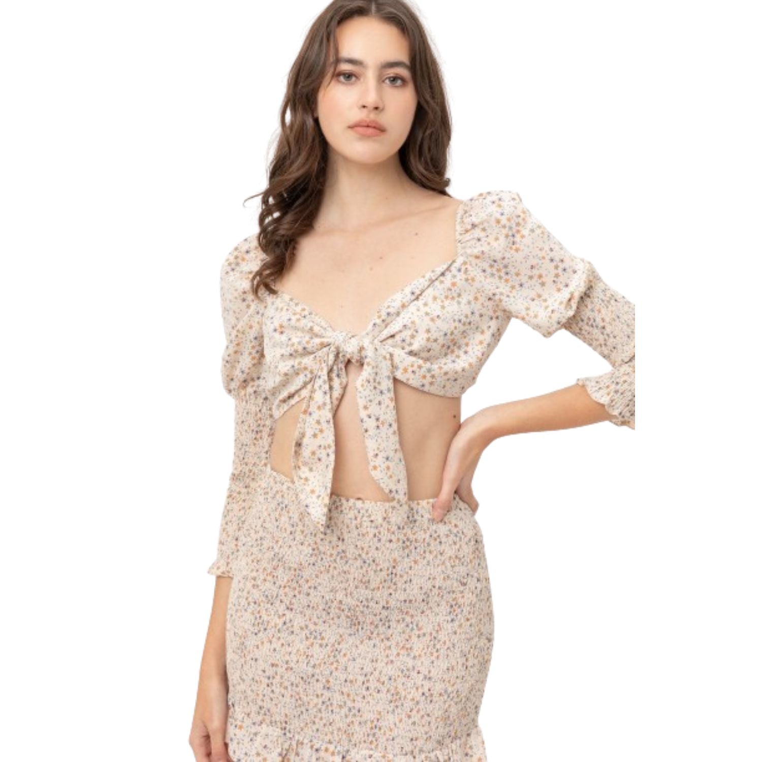 

Топ с принтом и завязками спереди TRUEDAMES, кремовый