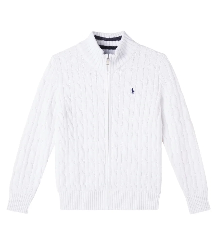 Хлопковый свитер крупной вязки на молнии Polo Ralph Lauren Kids, белый
