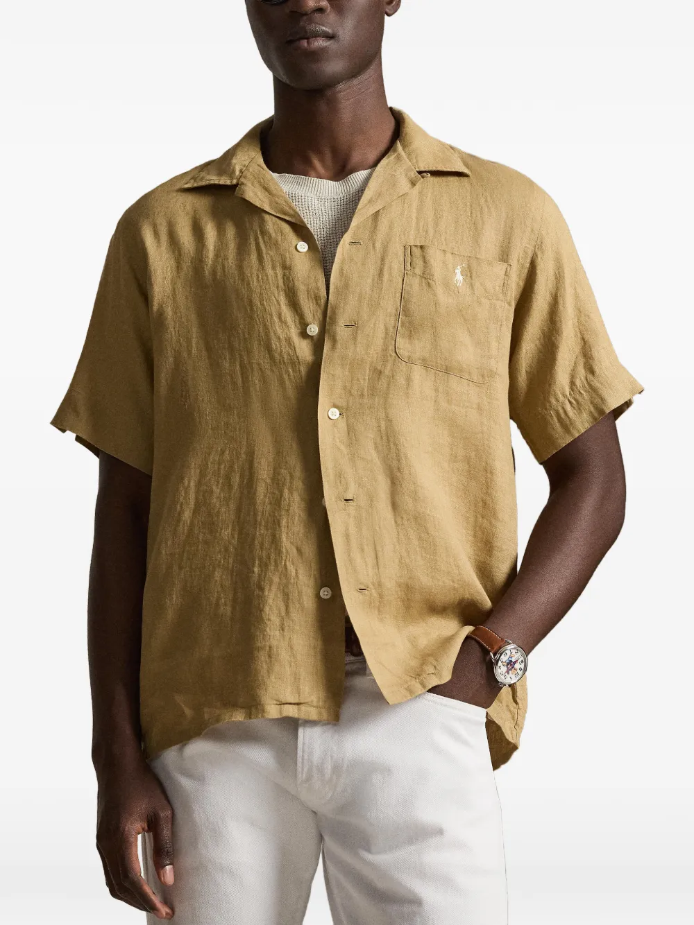 Льняная рубашка с вышивкой Polo Ralph Lauren, бежевый — фото 3