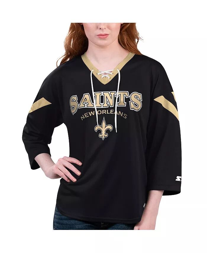 

Женская черная футболка New Orleans Saints Rally Lace-Up с рукавом 3/4 Starter