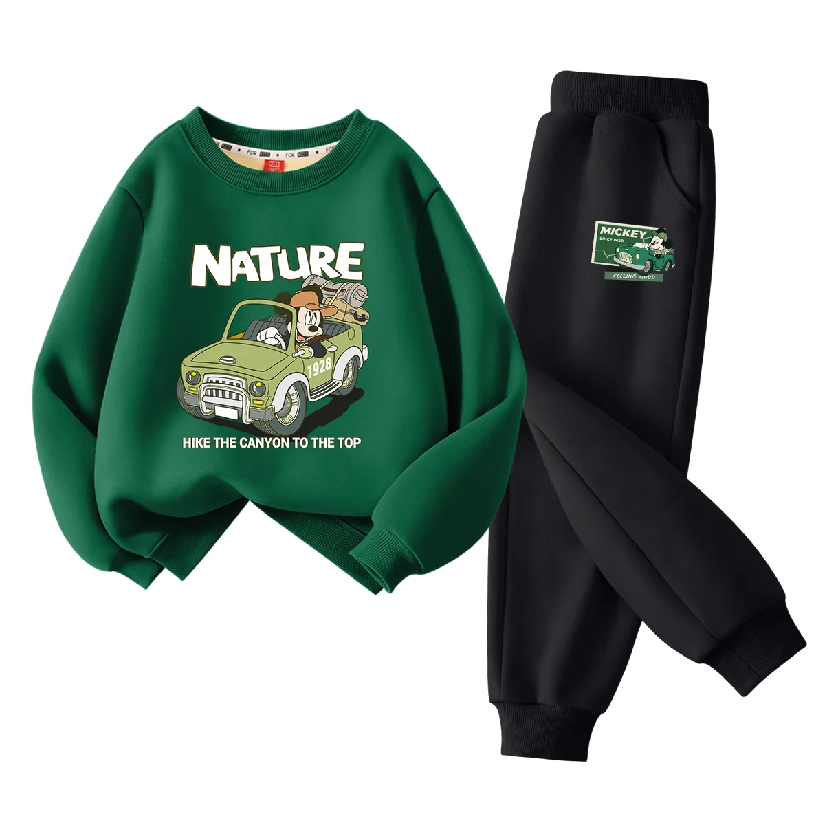 Детский спортивный костюм с круглым вырезом Disney, [Thickened and Fleece-Lined]Di Yuanxing Vintage Green+Di Trail Running Mickey Mouse Black