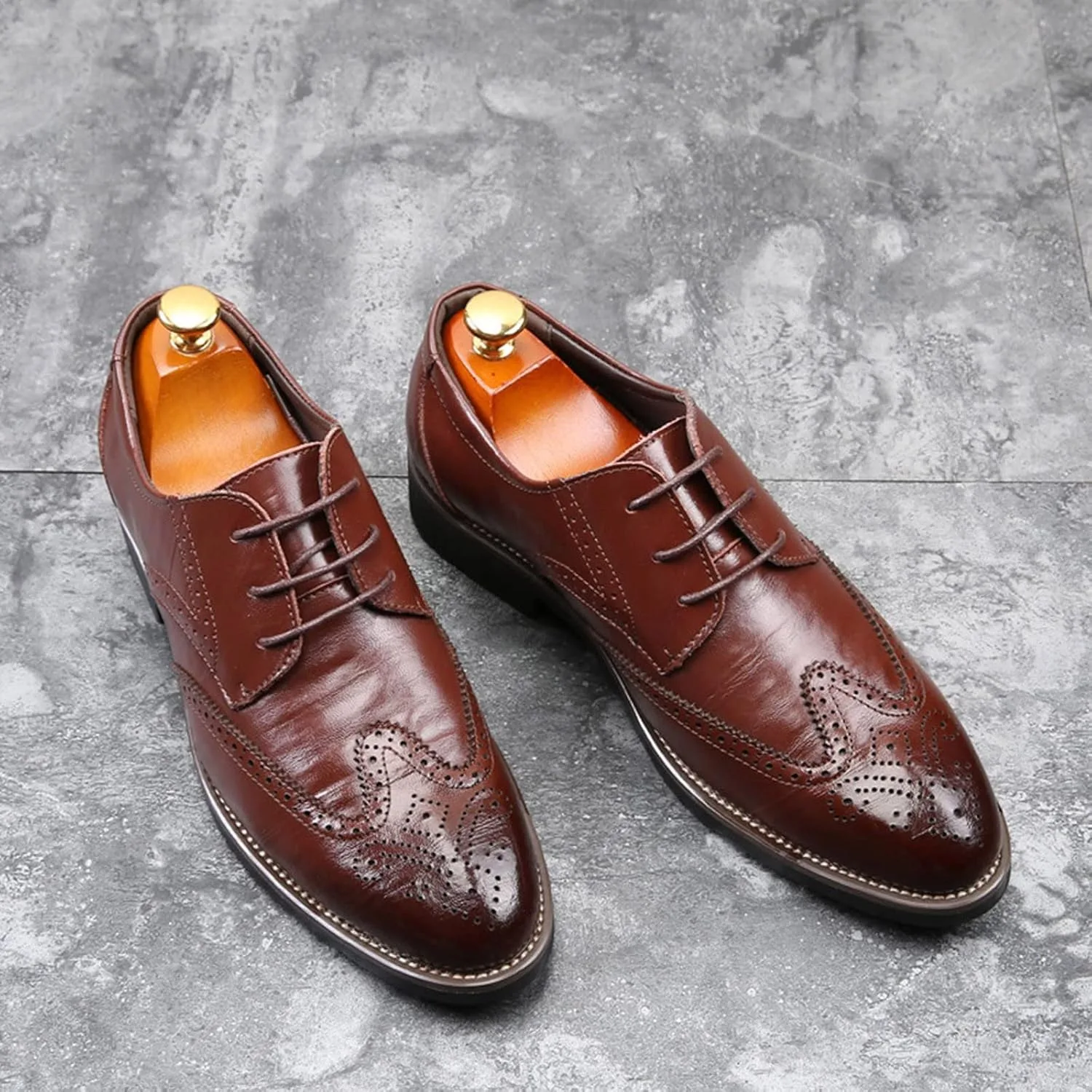 Мужские кожаные туфли Brogue на шнуровке Generic, коричневый — фото 4