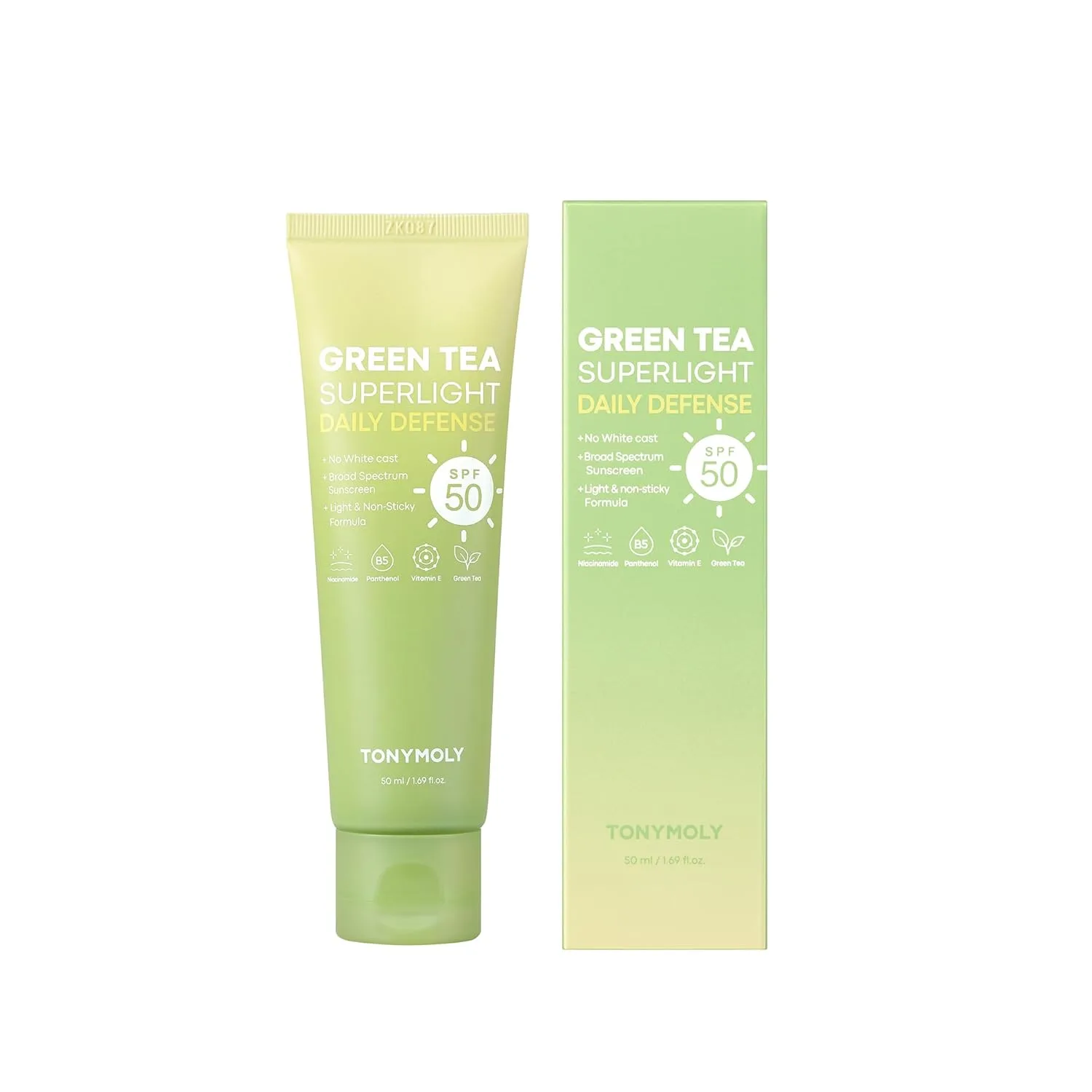 TONYMOLY Green Tea Korean Sunscreen SPF 50 - нежирный солнцезащитный крем для лица широкого спектра с ниацинамидом, пантенолом и гиалуроновой кислотой, дорожный размер 50 мл, White — фото 2
