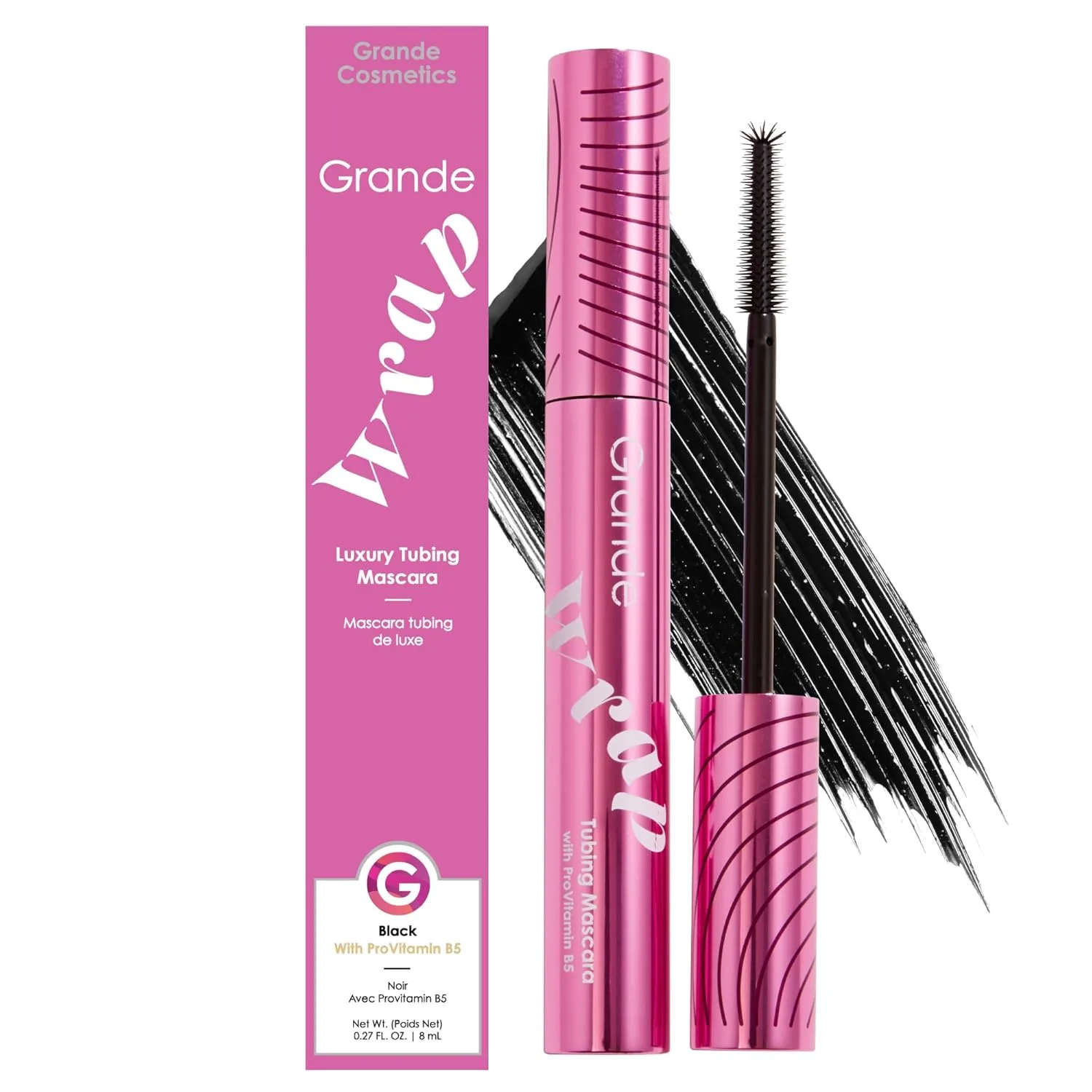 Grande Cosmetics GrandeWRAP Tubing Mascara - наращиваемый объем и длина, подъем, завивка и разделение ресниц, устойчивость к размазыванию, легкая формула, без осыпания, стойкость на весь день, легкое снятие, с провитамином B5 - Black, Black