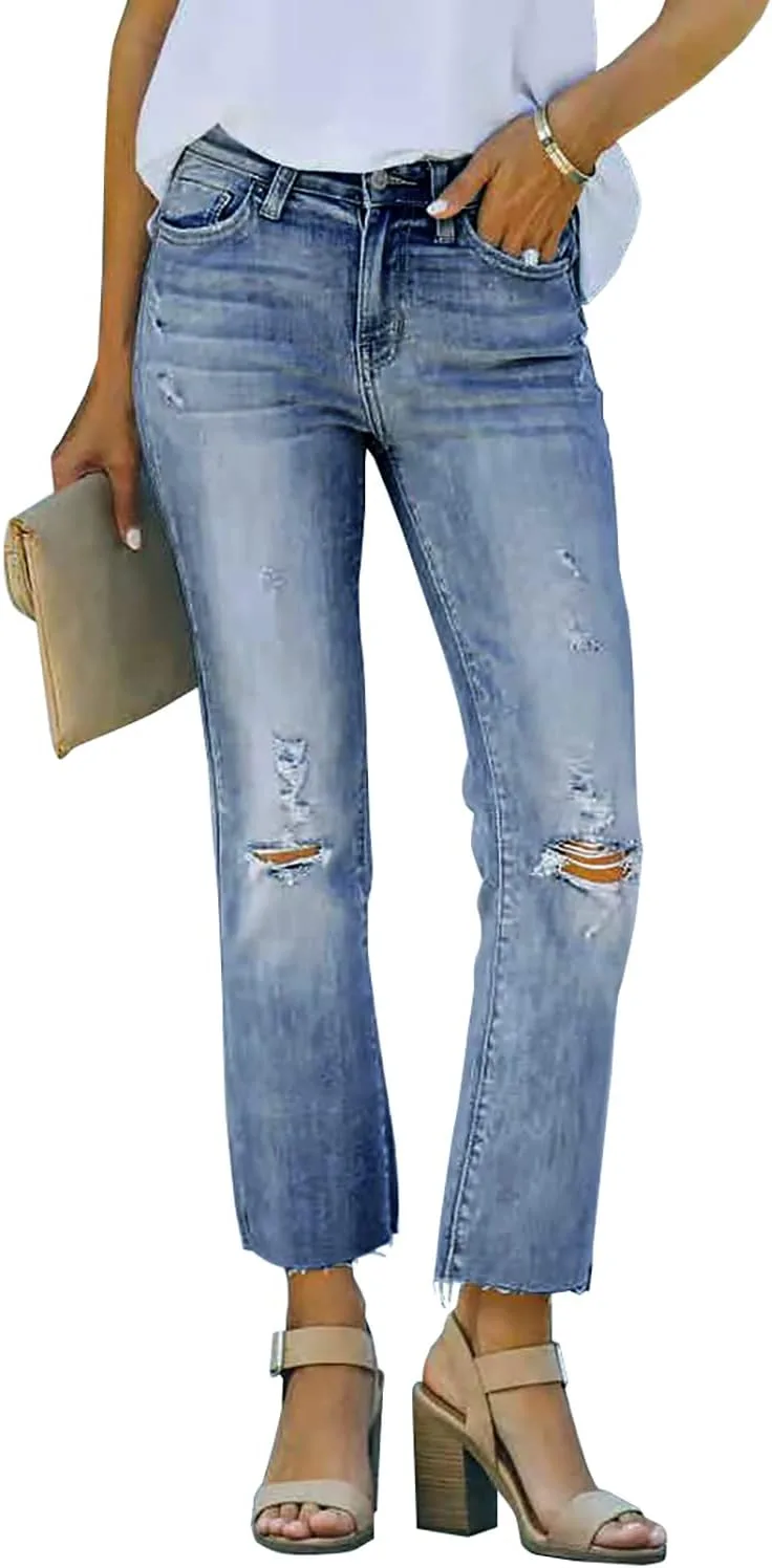 

Necooer женские винтажные прямые джинсы с потертостями