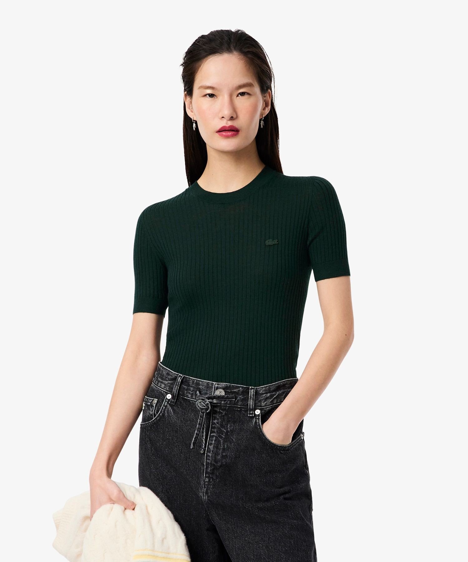 Свитер LACOSTE вязаный, 3D-вязка, мериносовая шерсть, Dark Green