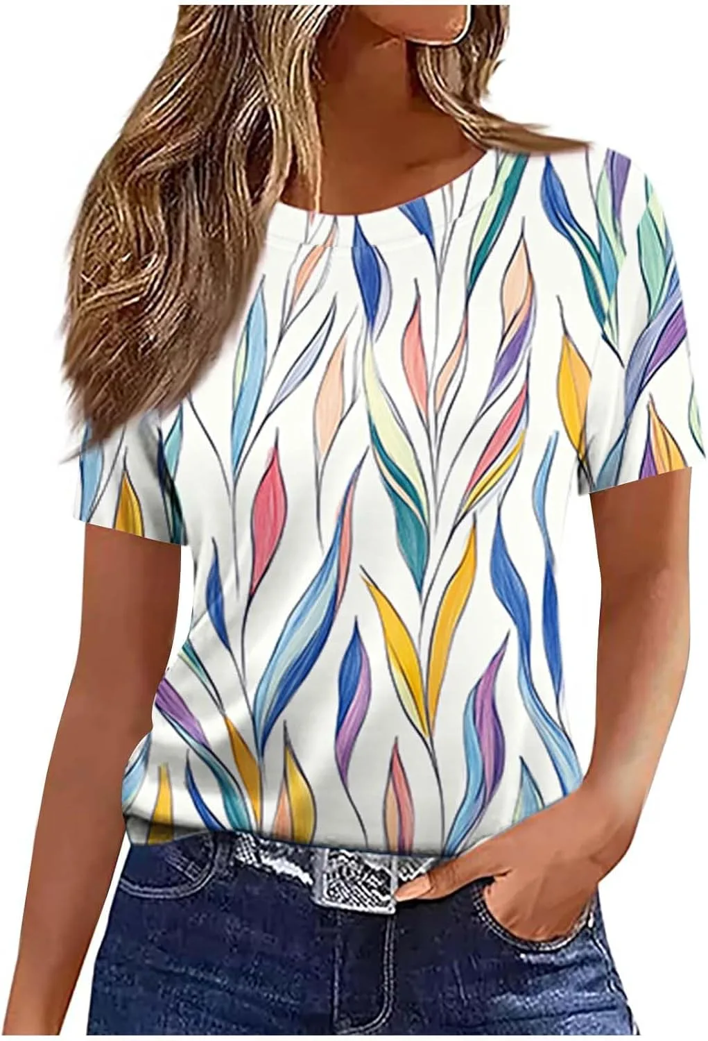 

Женская летняя футболка с цветочным принтом, короткий рукав, crew neck OSFVNOXV